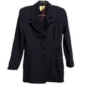 Vintage Alberto Makali Navy Crochet Appliqué Blazer Jacket Women's Size 10 Lined